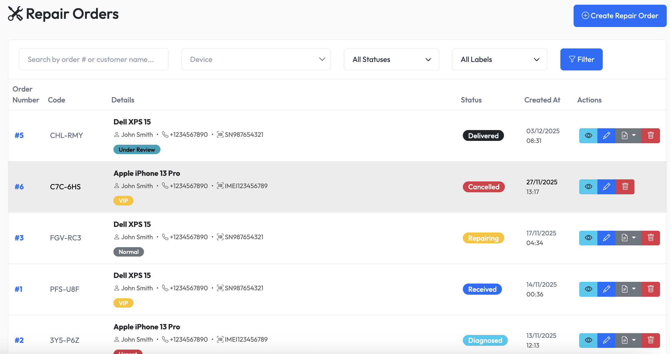 Repair Orders Preview